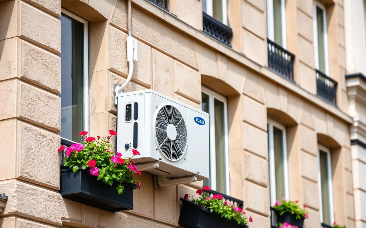 Unité extérieure de pompe à chaleur air/eau installée en façade d'un pavillon en Île-de-France