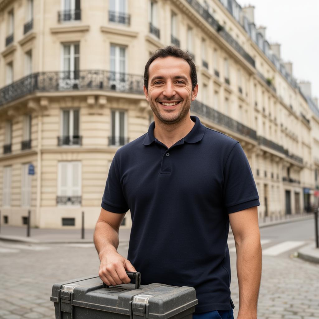 Artisan plombier chauffagiste Saint Louis devant un immeuble haussmannien parisien