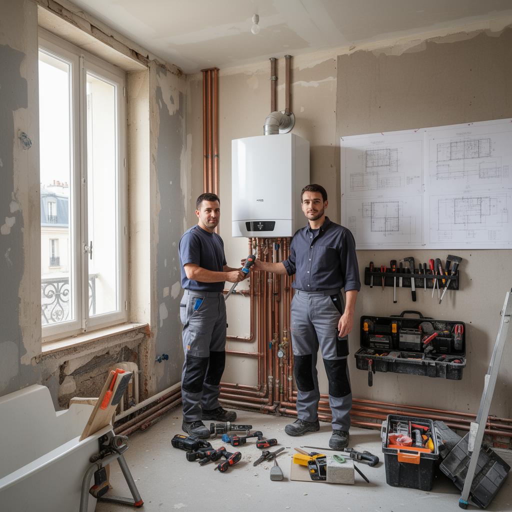Deux artisans installant une chaudière à condensation dans un appartement parisien en rénovation