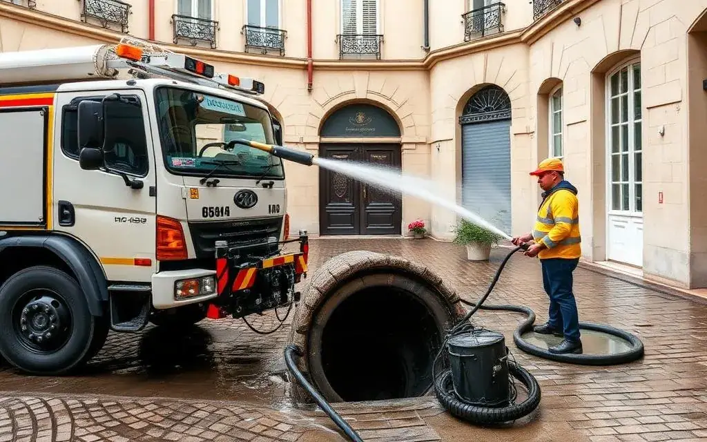 Camion hydrocureur nettoyant une canalisation extérieure parisienne