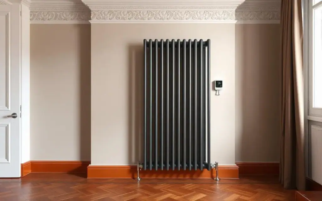 Radiateur en fonte avec robinet thermostatique neuf en cours de réglage par un chauffagiste