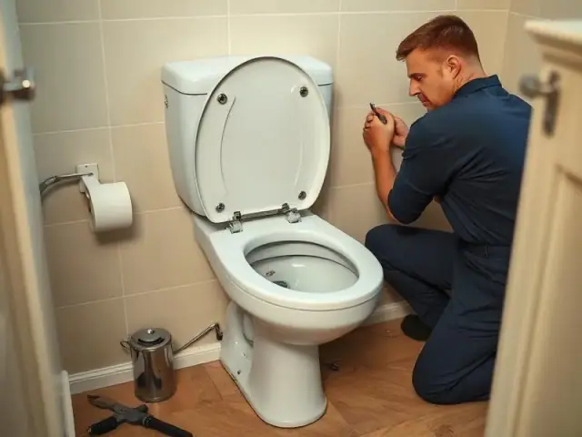 Plombier intervenant sur un WC en panne dans une salle de bain