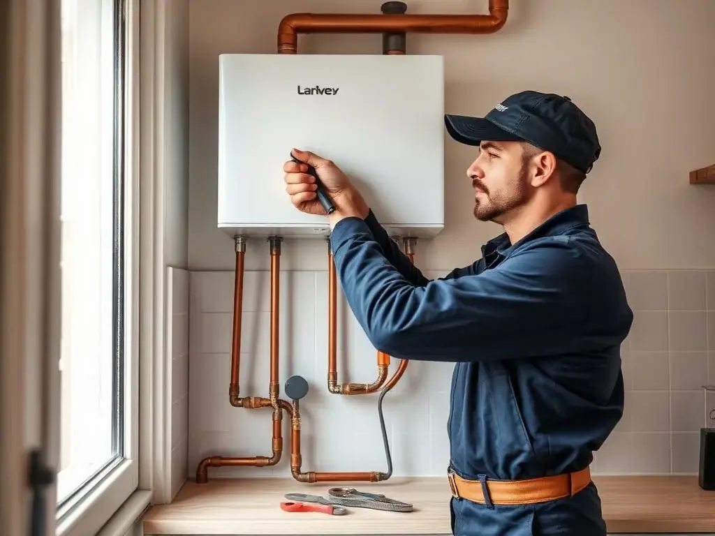 Plombier d'Artisan Saint Louis posant une chaudière gaz à condensation murale dans une cuisine d'appartement parisien, raccordement cuivre en cours